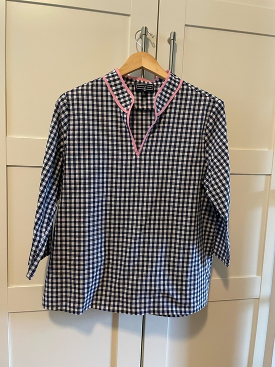 Duffield Lane Tops - Gingham Popover Shirt with Pink Trim